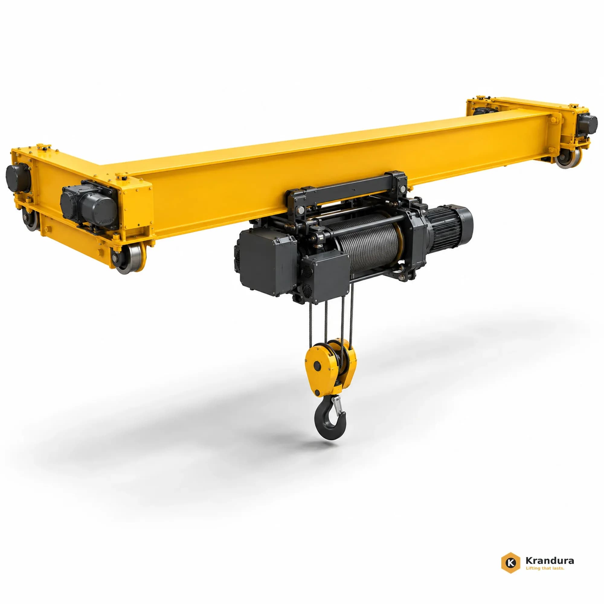 AI rendering of a 10 ton single girder overhead crane with a yellow girder and charcoal wire rope hoist