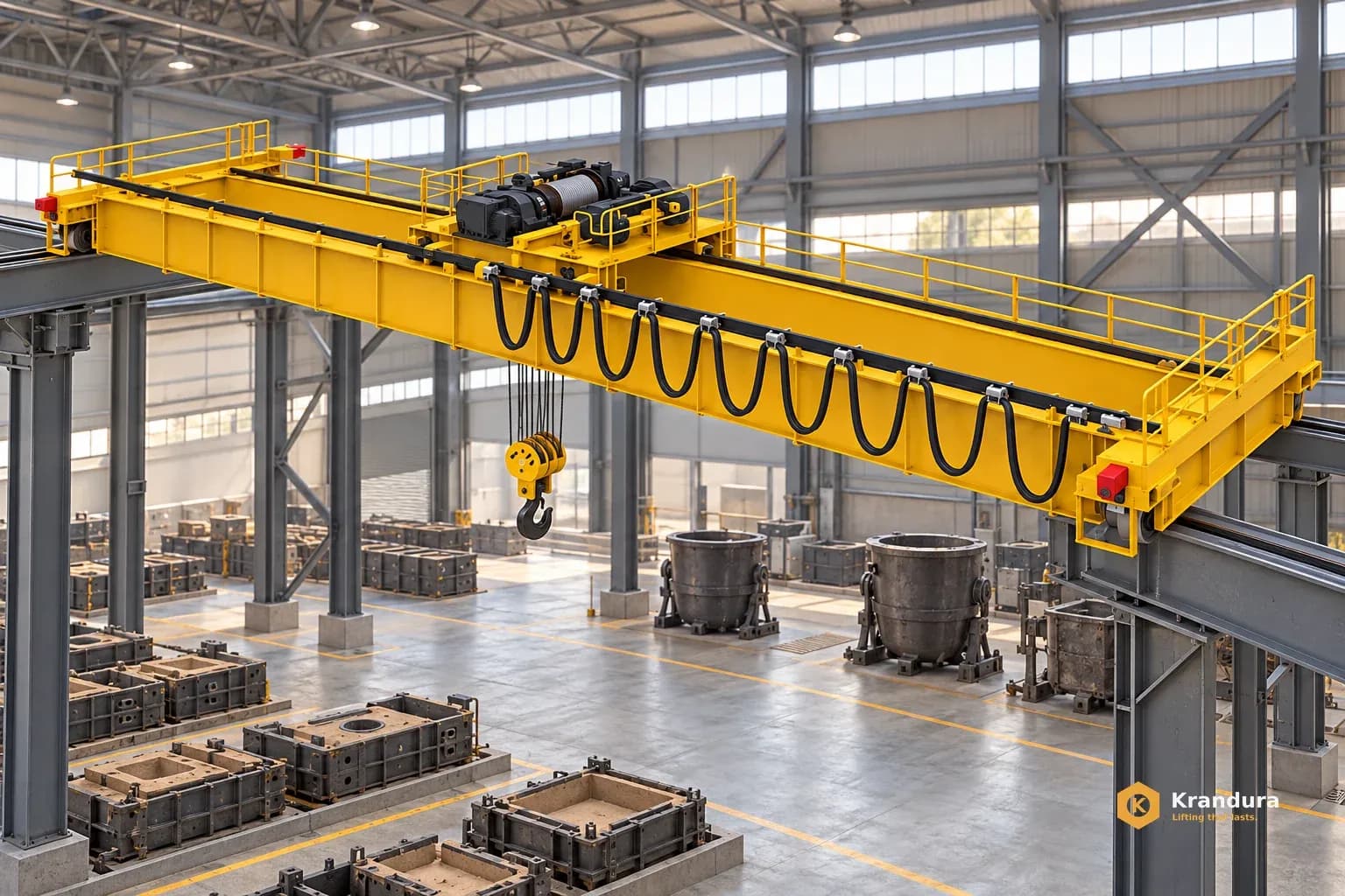 AI application illustration: Foundry handling environment with an unloaded bridge crane; no lifting operation depicted.